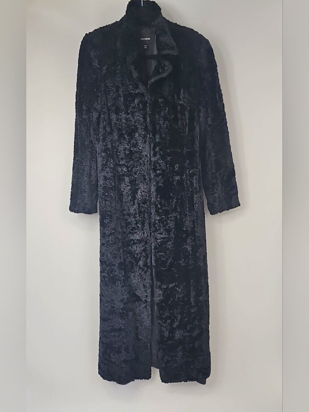 Express Faux Fur Coat Black Midi Maxi Length Side Pockets Sz:9-10 Throwback Glam